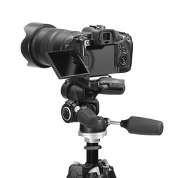 Photo of Modern camera with tripod isolated on white. Photographer's equipment