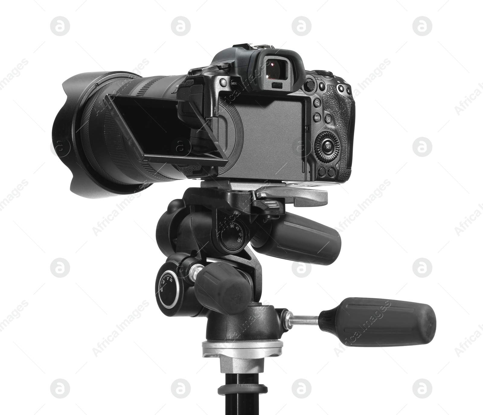 Photo of Modern camera with tripod isolated on white. Photographer's equipment