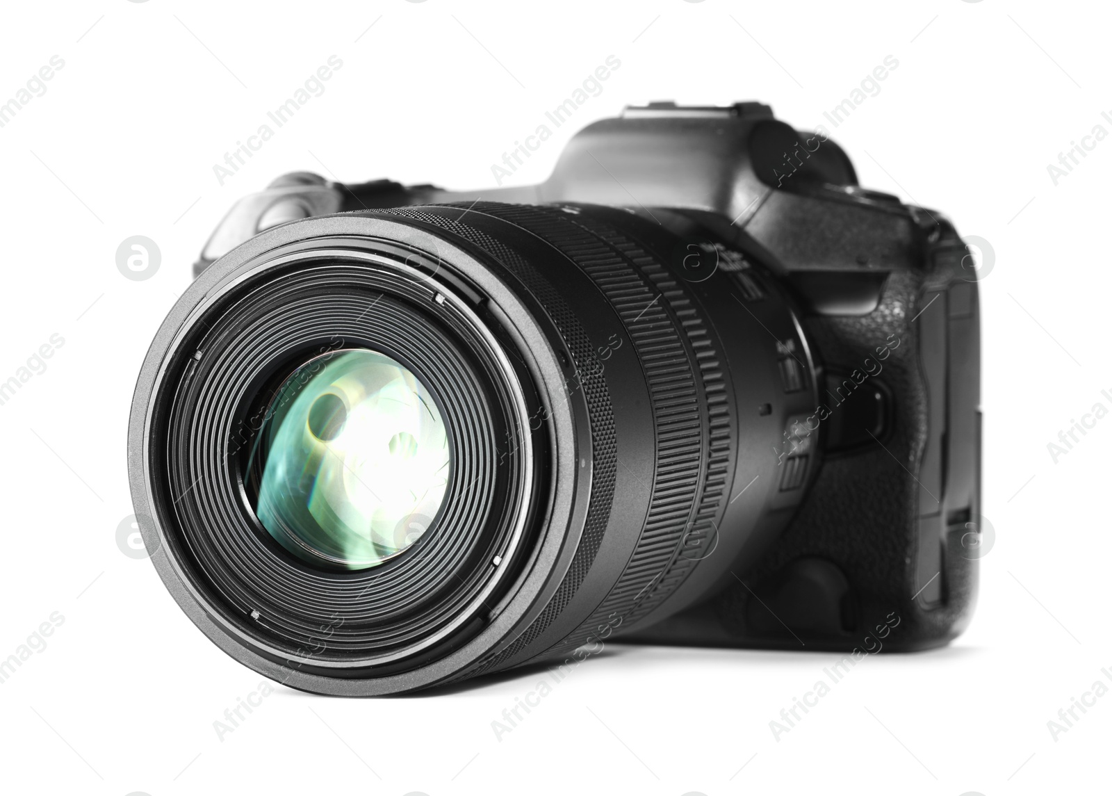 Photo of Modern camera isolated on white. Photographer's equipment