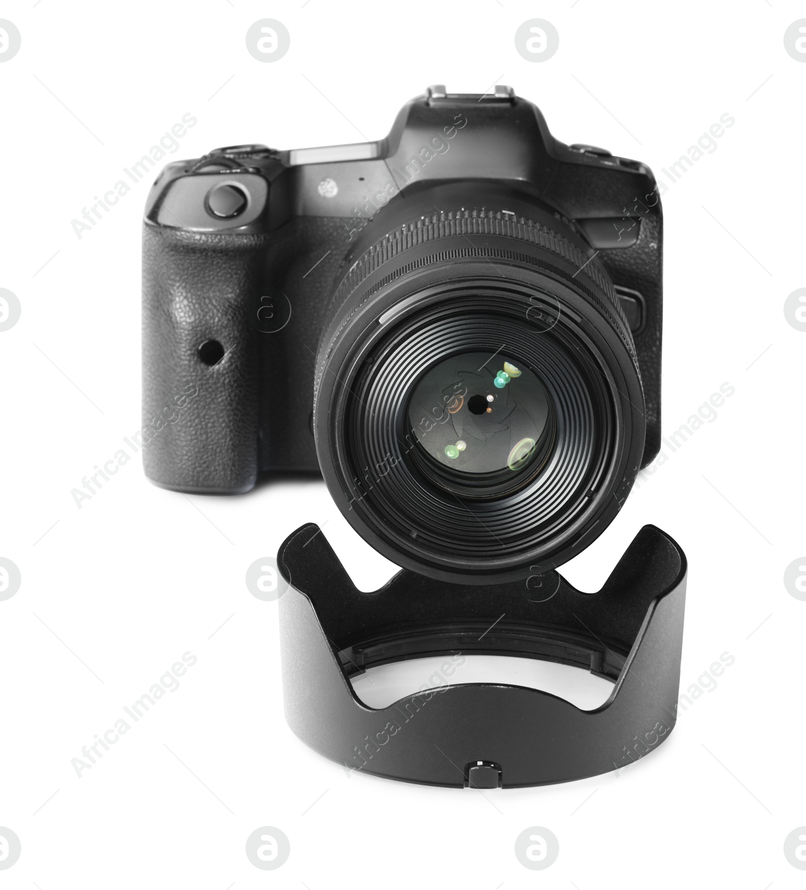 Photo of Modern camera isolated on white. Photographer's equipment