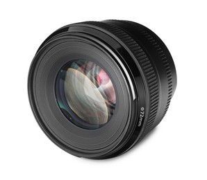 Camera lens isolated on white. Photographer's equipment