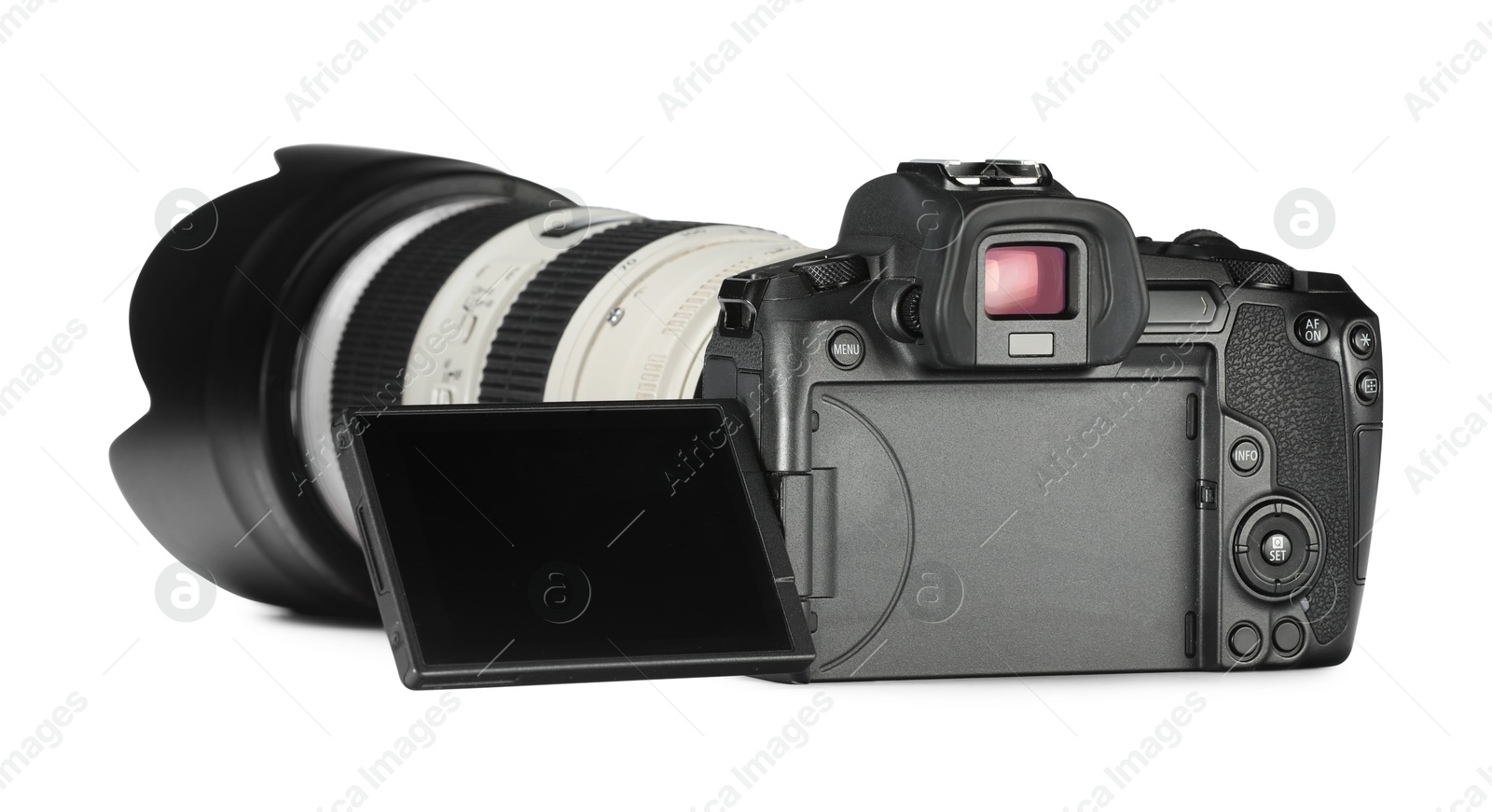 Photo of Modern camera isolated on white. Photographer's equipment