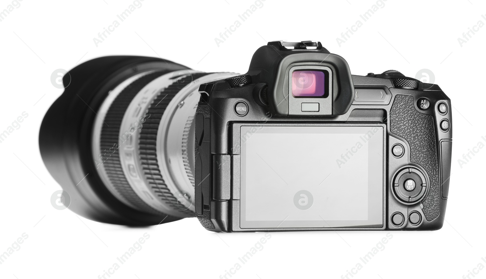 Photo of Modern camera isolated on white. Photographer's equipment