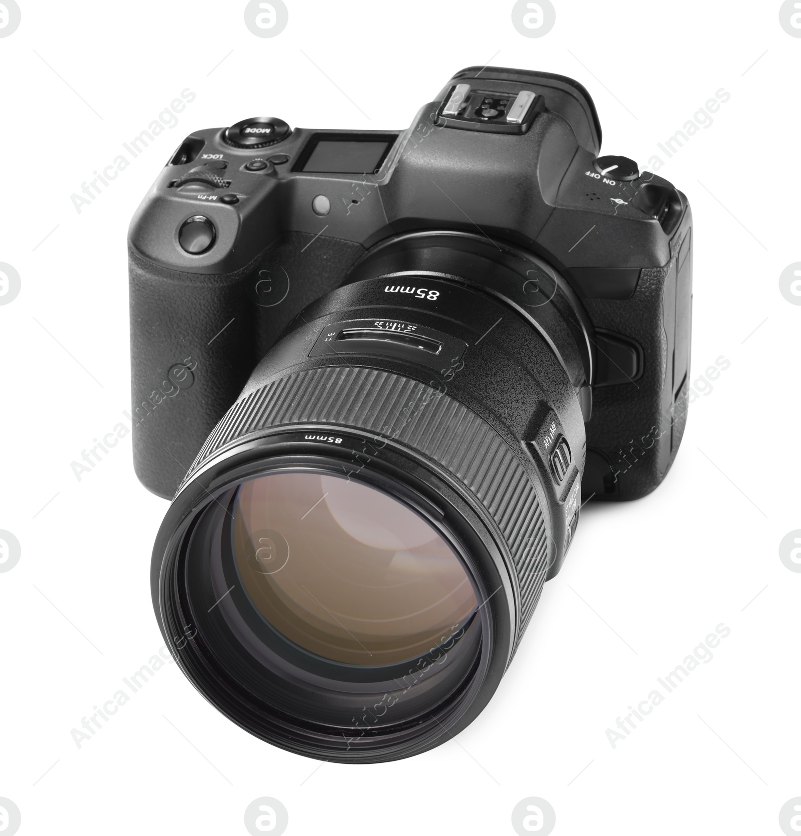 Photo of Modern camera isolated on white. Photographer's equipment