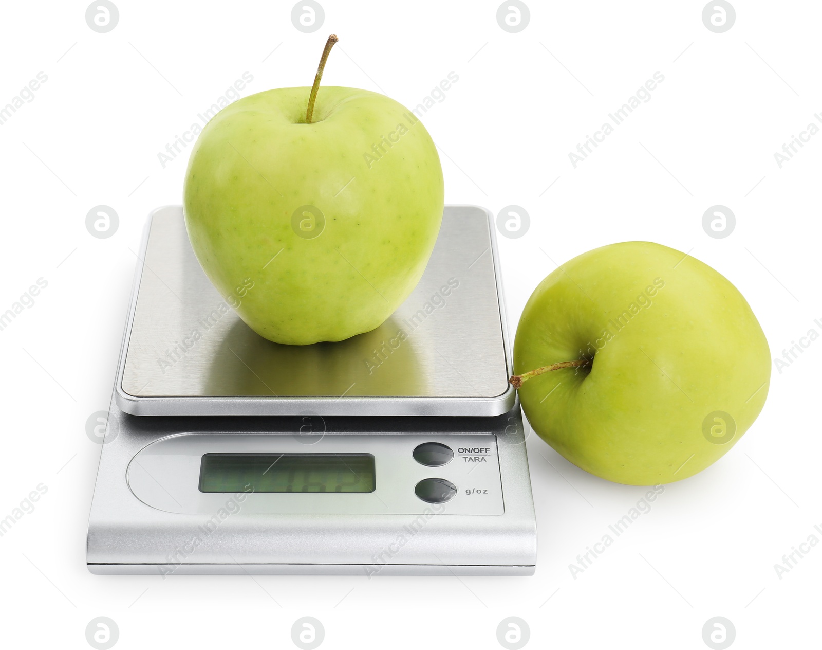 Photo of Kitchen scale with apples isolated on white