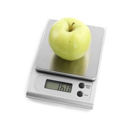 Photo of Kitchen scale with apple isolated on white