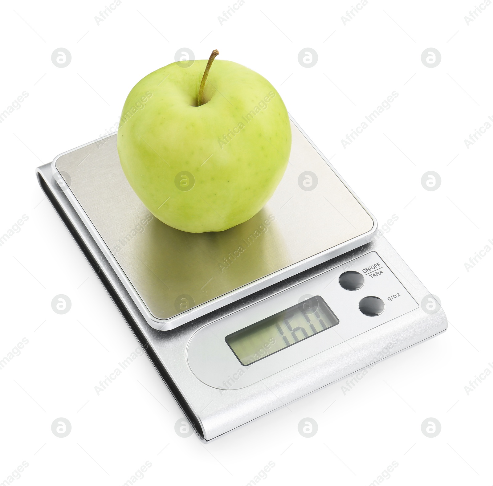 Photo of Kitchen scale with apple isolated on white