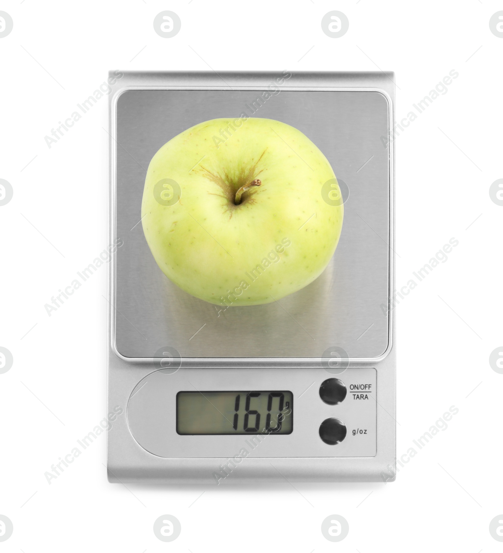 Photo of Kitchen scale with apple isolated on white, top view