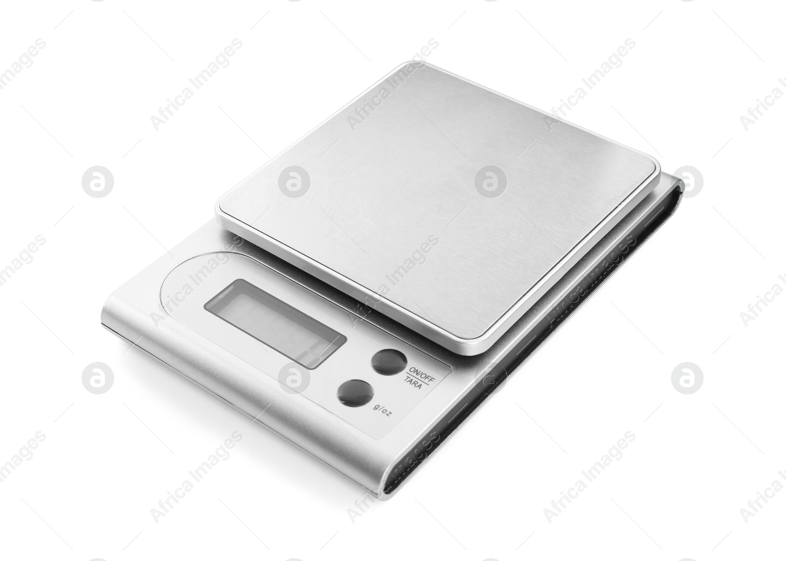 Photo of One metal kitchen scale isolated on white