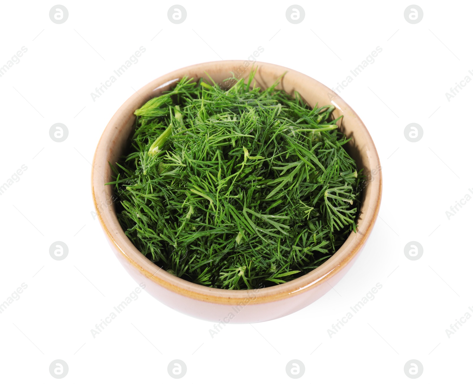 Photo of Fresh green dill in bowl isolated on white