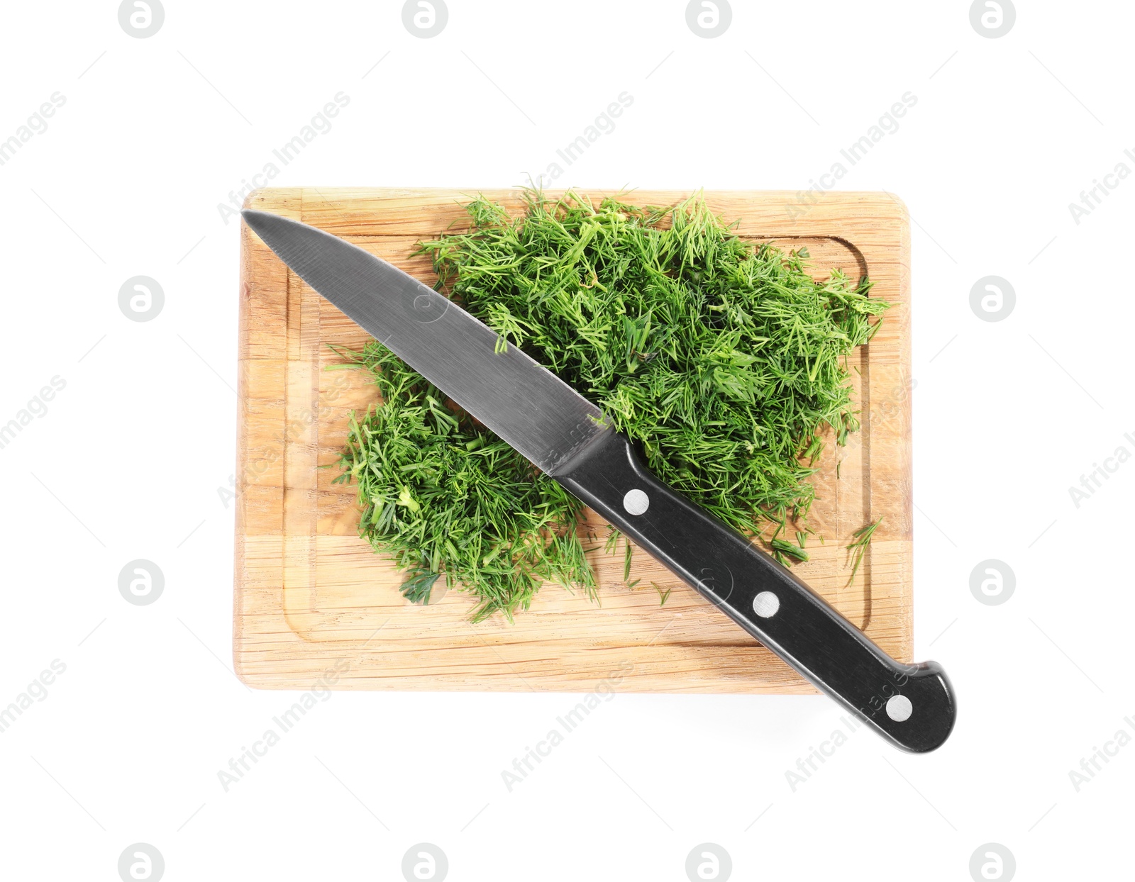 Photo of Cut fresh green dill and knife isolated on white, top view