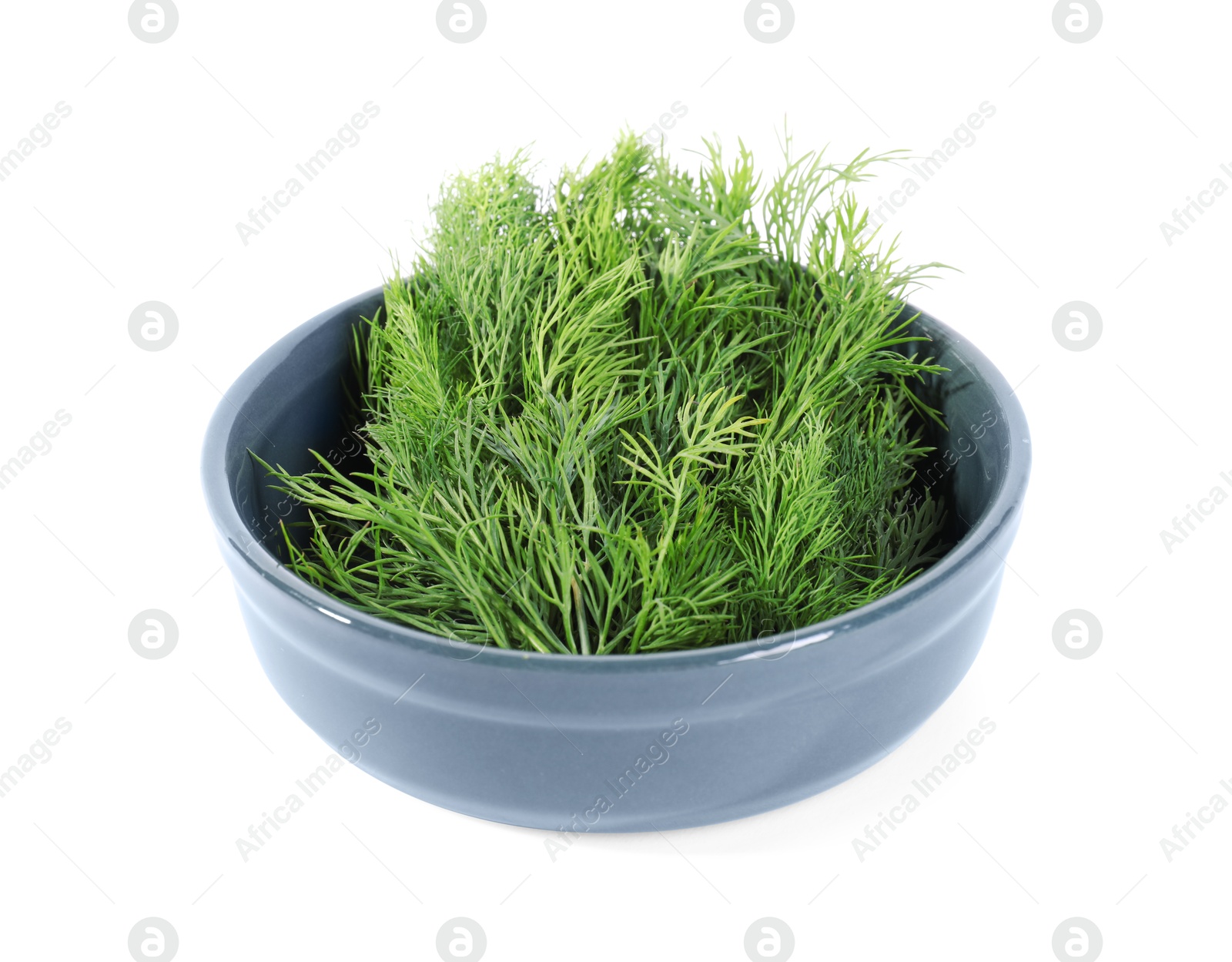 Photo of Sprigs of fresh green dill in bowl isolated on white