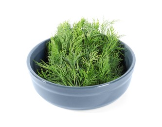 Photo of Sprigs of fresh green dill in bowl isolated on white