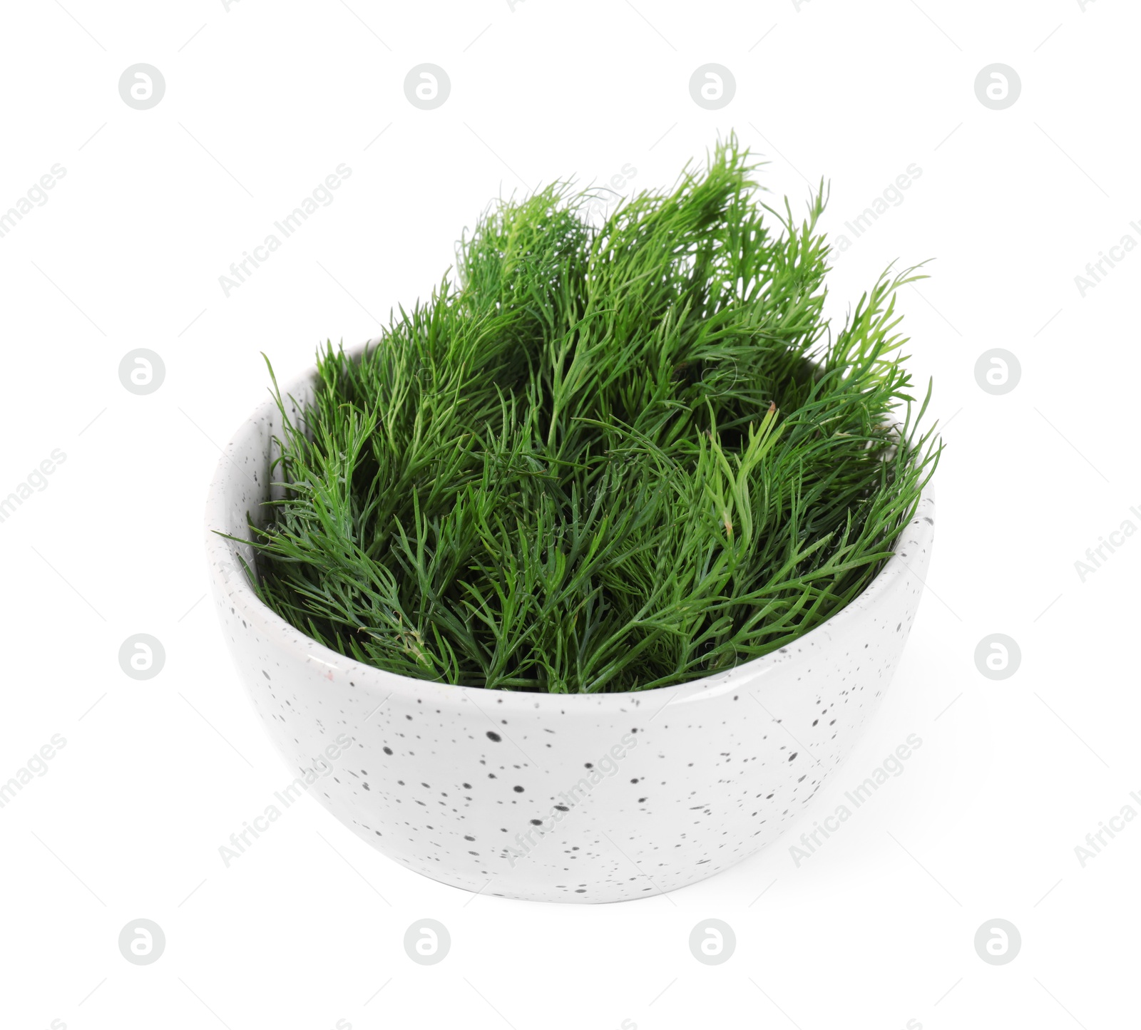 Photo of Sprigs of fresh green dill in bowl isolated on white