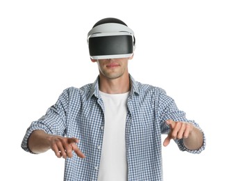 Photo of Man using virtual reality headset on white background