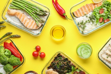 Photo of Healthy diet. Different meals in glass containers and ingredients on yellow background, flat lay