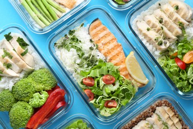 Photo of Healthy food. Different meals in glass containers on light blue background, flat lay