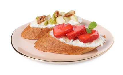 Photo of Delicious ricotta bruschettas with pear, strawberry and walnut isolated on white