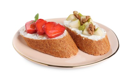 Photo of Delicious ricotta bruschettas with pear, strawberry and walnut isolated on white