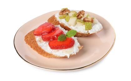 Delicious ricotta bruschettas with pear, strawberry and walnut isolated on white