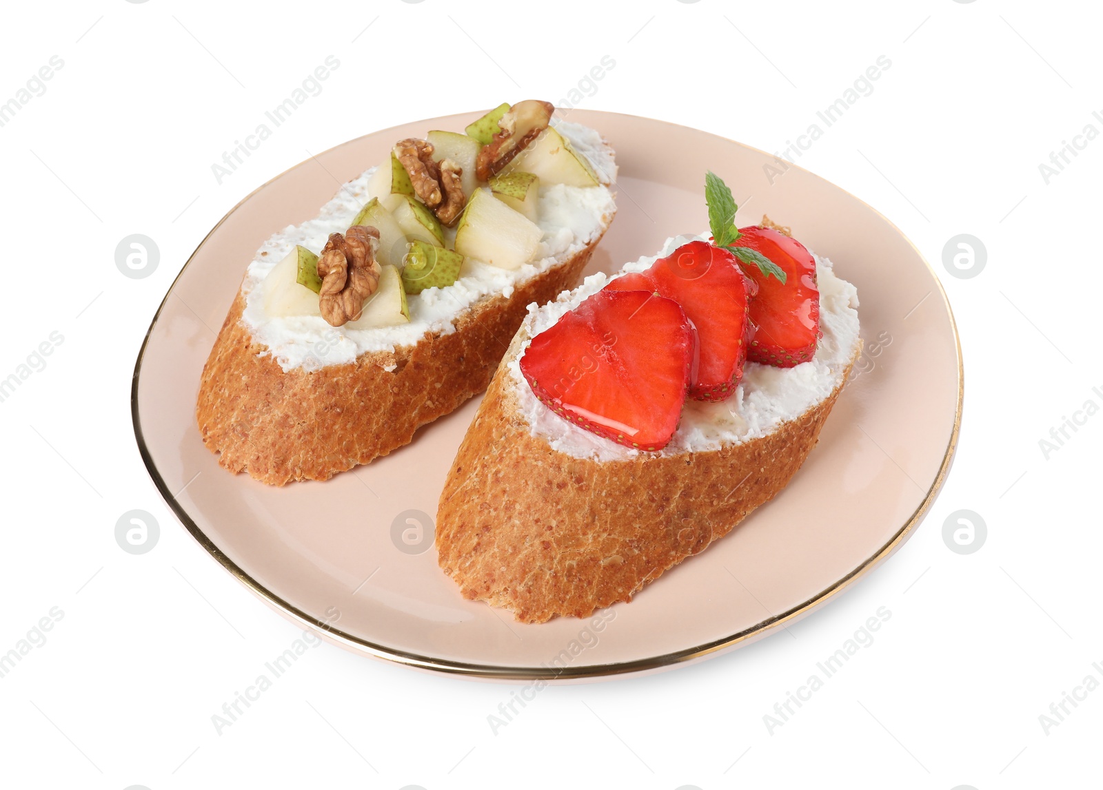 Photo of Delicious ricotta bruschettas with pear, strawberry and walnut isolated on white