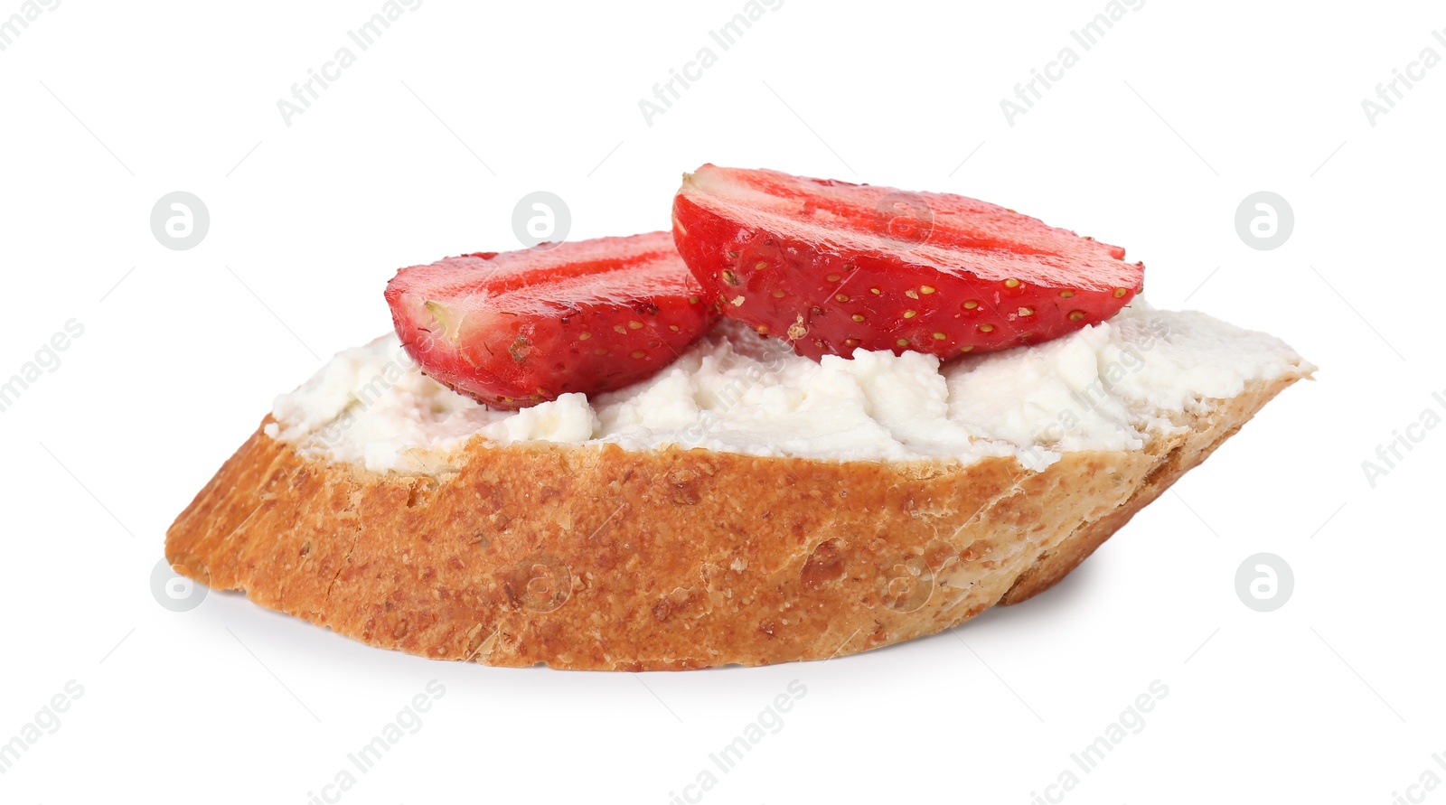 Photo of Delicious ricotta bruschetta with strawberry isolated on white