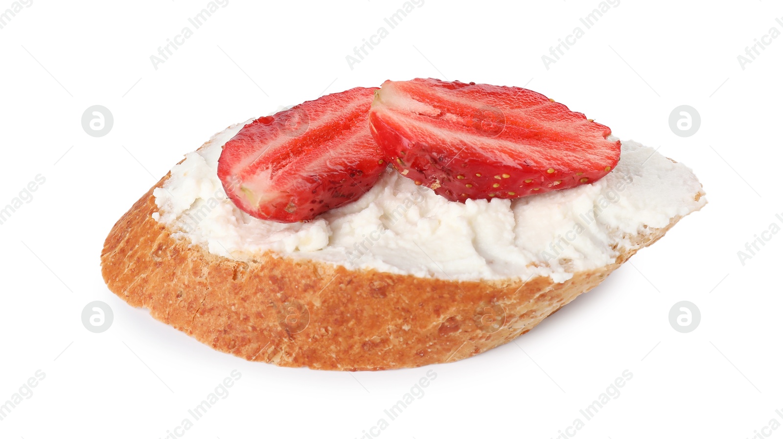 Photo of Delicious ricotta bruschetta with strawberry isolated on white