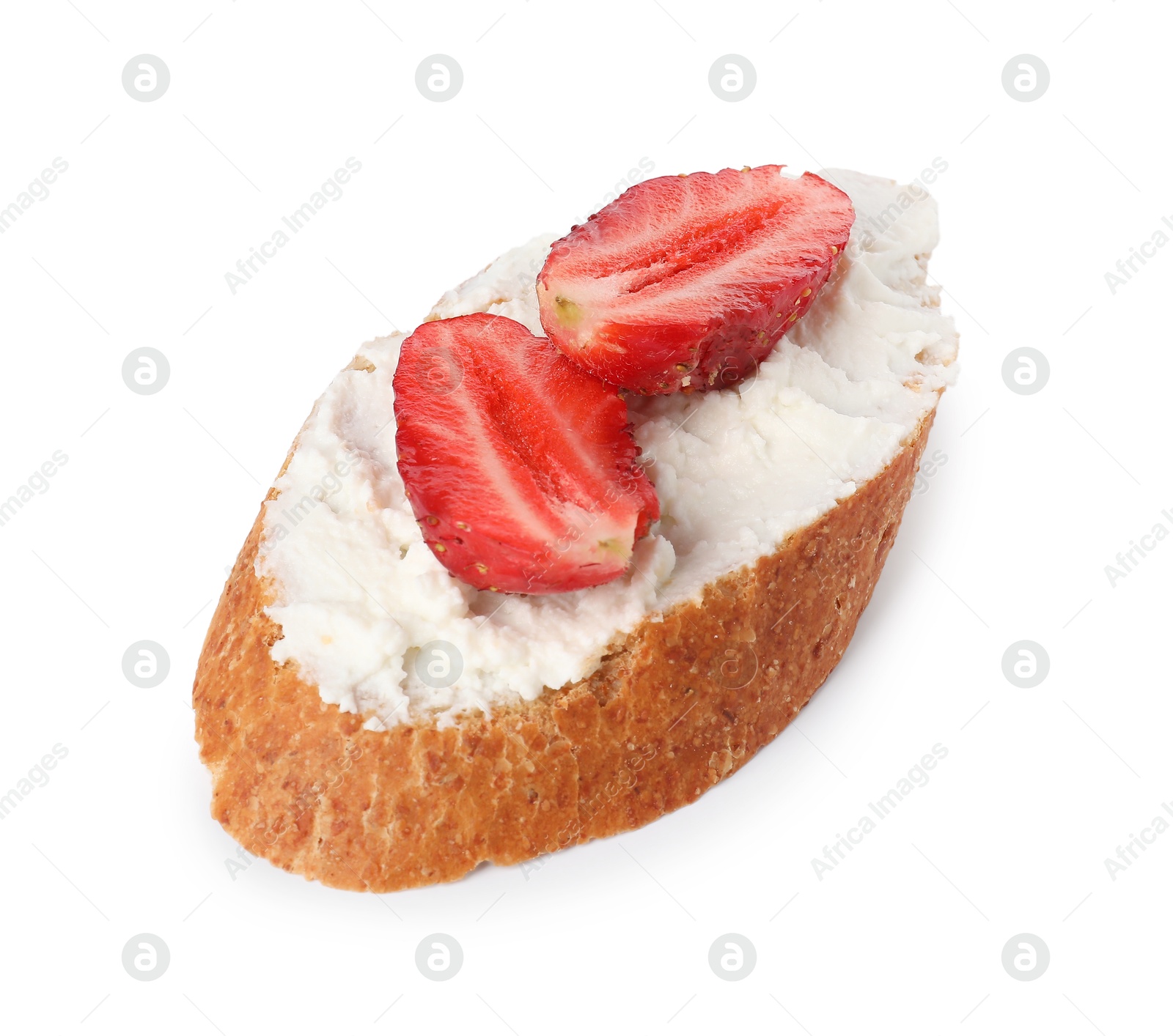 Photo of Delicious ricotta bruschetta with strawberry isolated on white