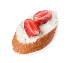 Photo of Delicious ricotta bruschetta with strawberry isolated on white