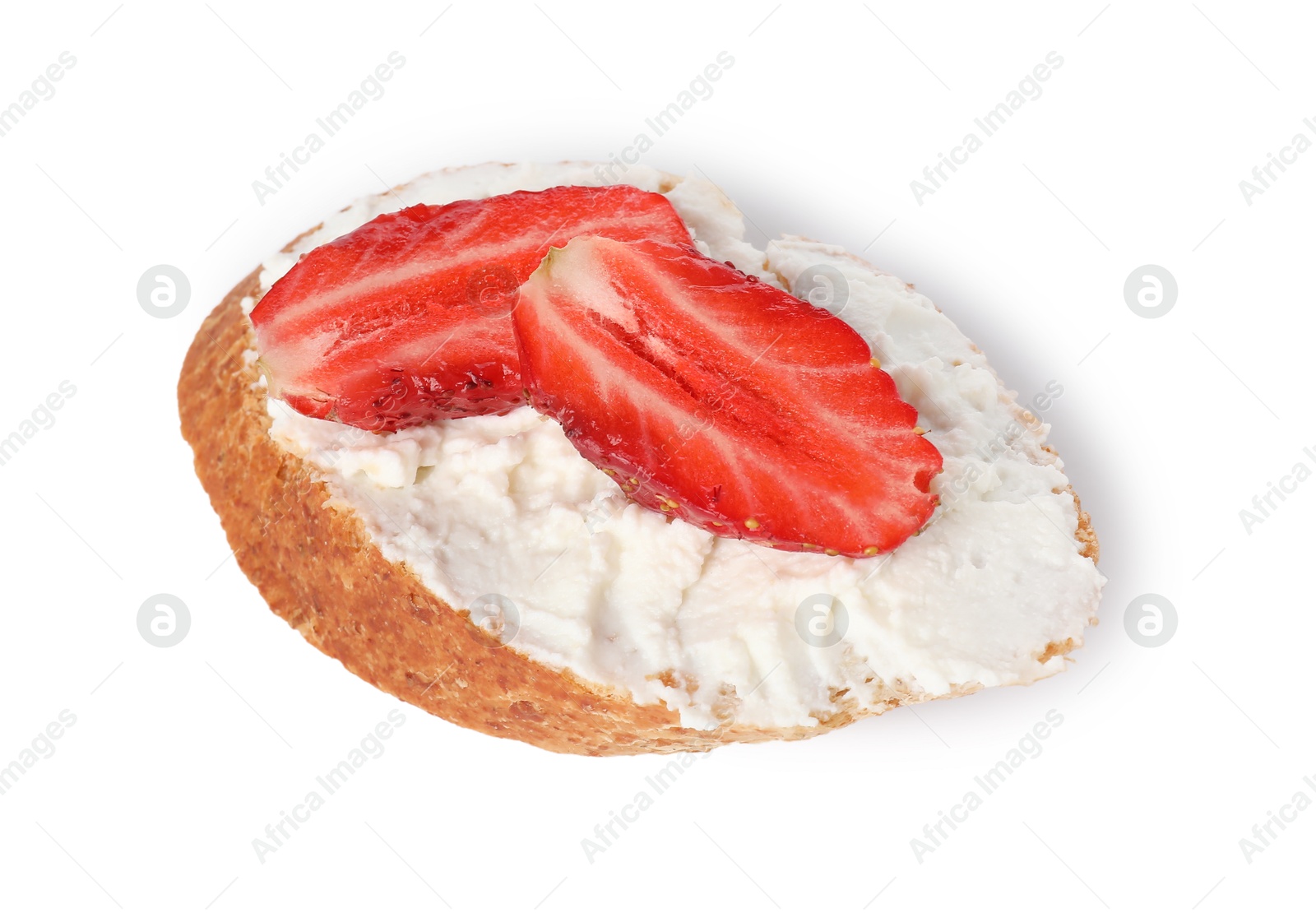 Photo of Delicious ricotta bruschetta with strawberry isolated on white