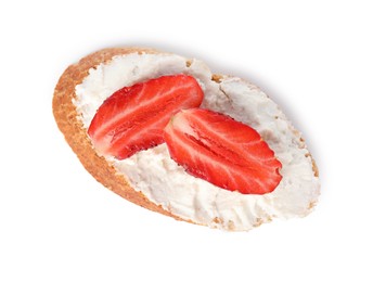 Photo of Delicious ricotta bruschetta with strawberry isolated on white, top view