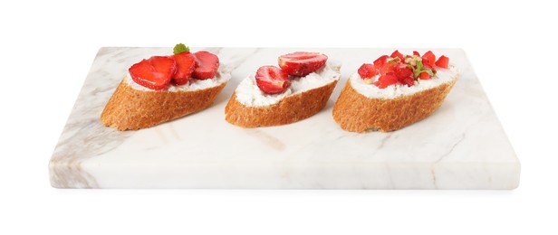 Delicious ricotta bruschettas with strawberry, mint and walnut isolated on white