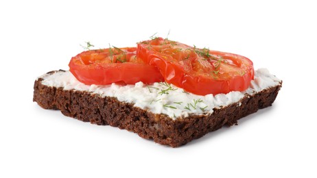 Photo of Delicious ricotta bruschetta with sliced tomatoes and dill isolated on white