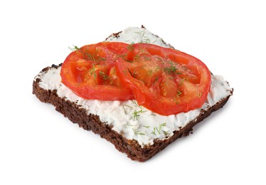 Photo of Delicious ricotta bruschetta with sliced tomatoes and dill isolated on white