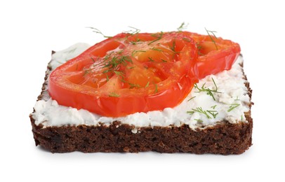 Delicious ricotta bruschetta with sliced tomatoes and dill isolated on white