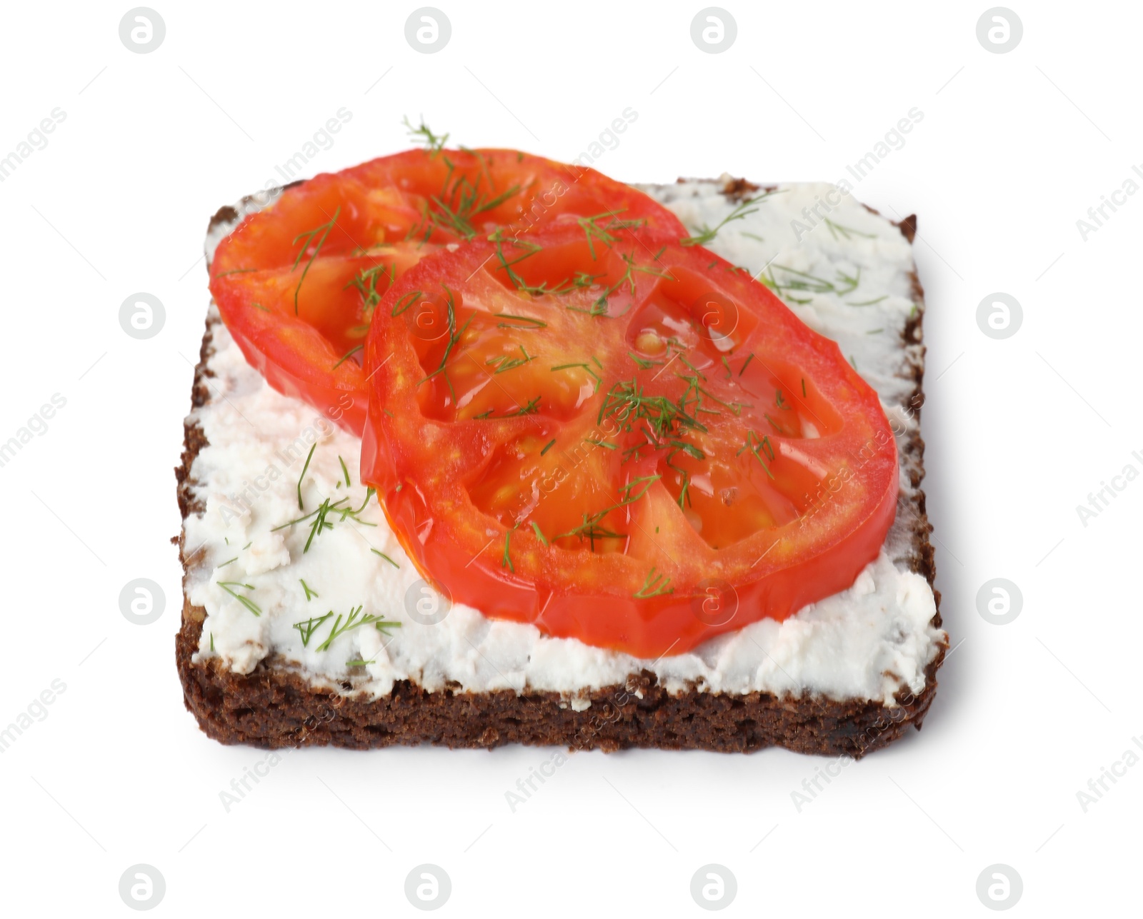 Photo of Delicious ricotta bruschetta with sliced tomatoes and dill isolated on white