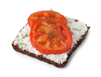 Photo of Delicious ricotta bruschetta with sliced tomatoes and dill isolated on white