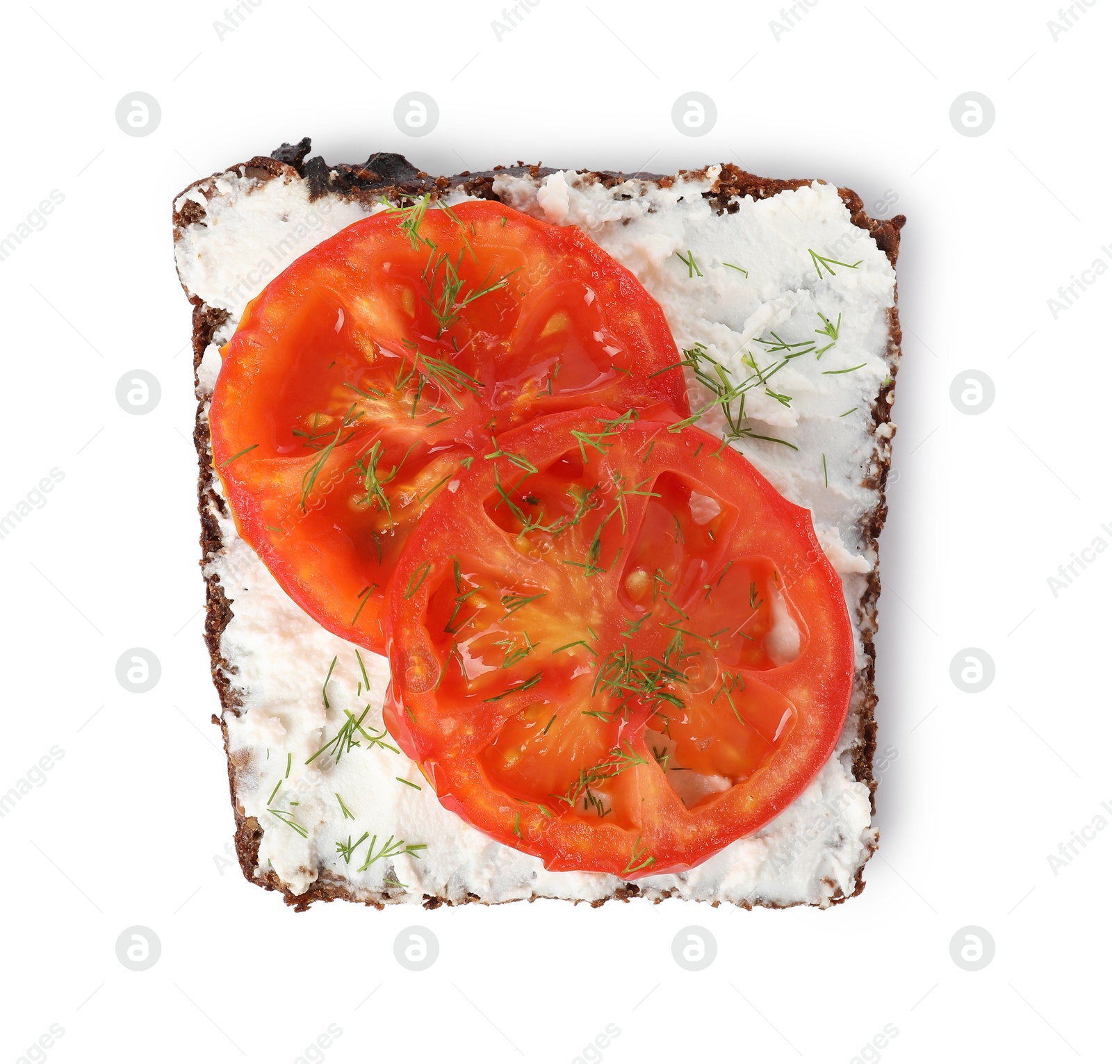 Photo of Delicious ricotta bruschetta with sliced tomatoes and dill isolated on white, top view