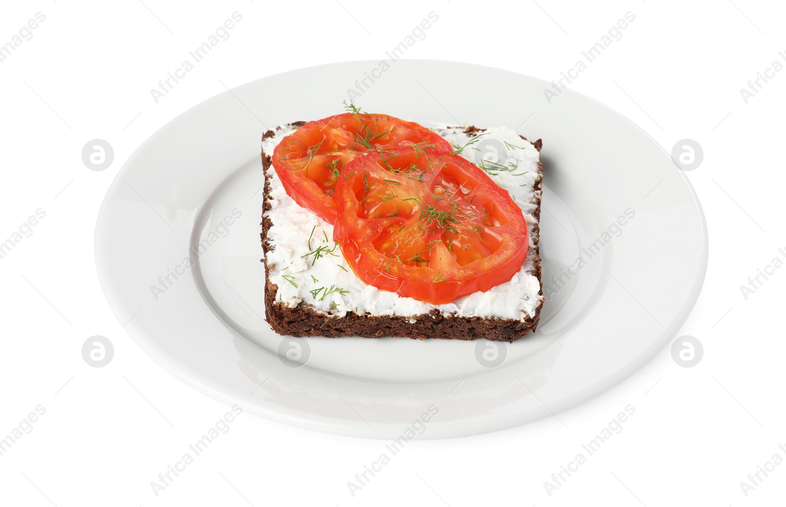 Photo of Delicious ricotta bruschetta with sliced tomatoes and dill isolated on white