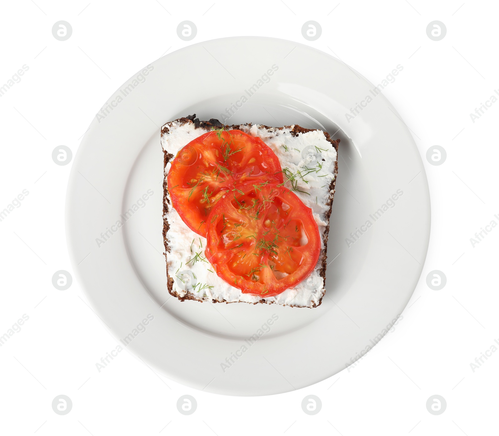 Photo of Delicious ricotta bruschetta with sliced tomatoes and dill isolated on white, top view