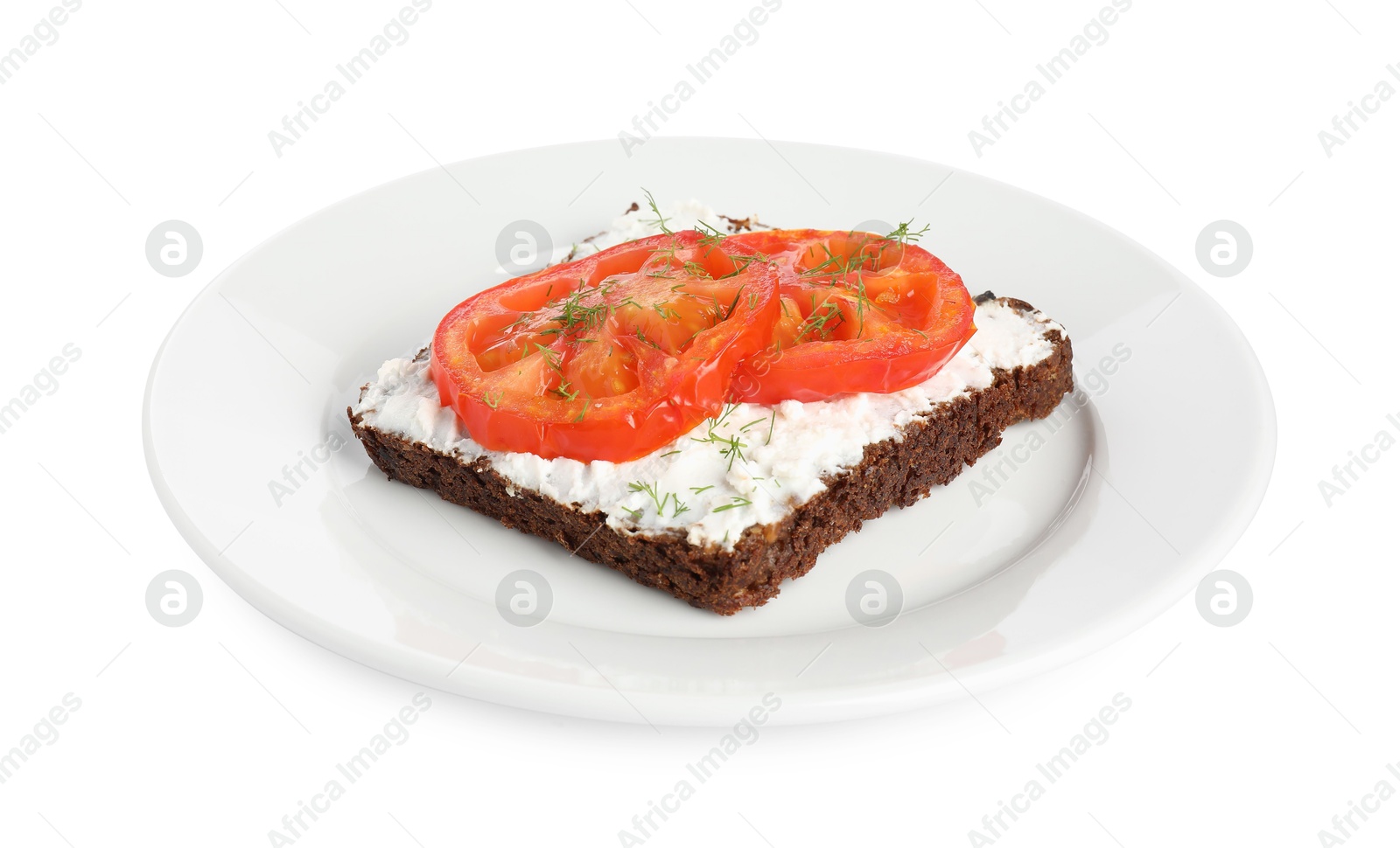 Photo of Delicious ricotta bruschetta with sliced tomatoes and dill isolated on white