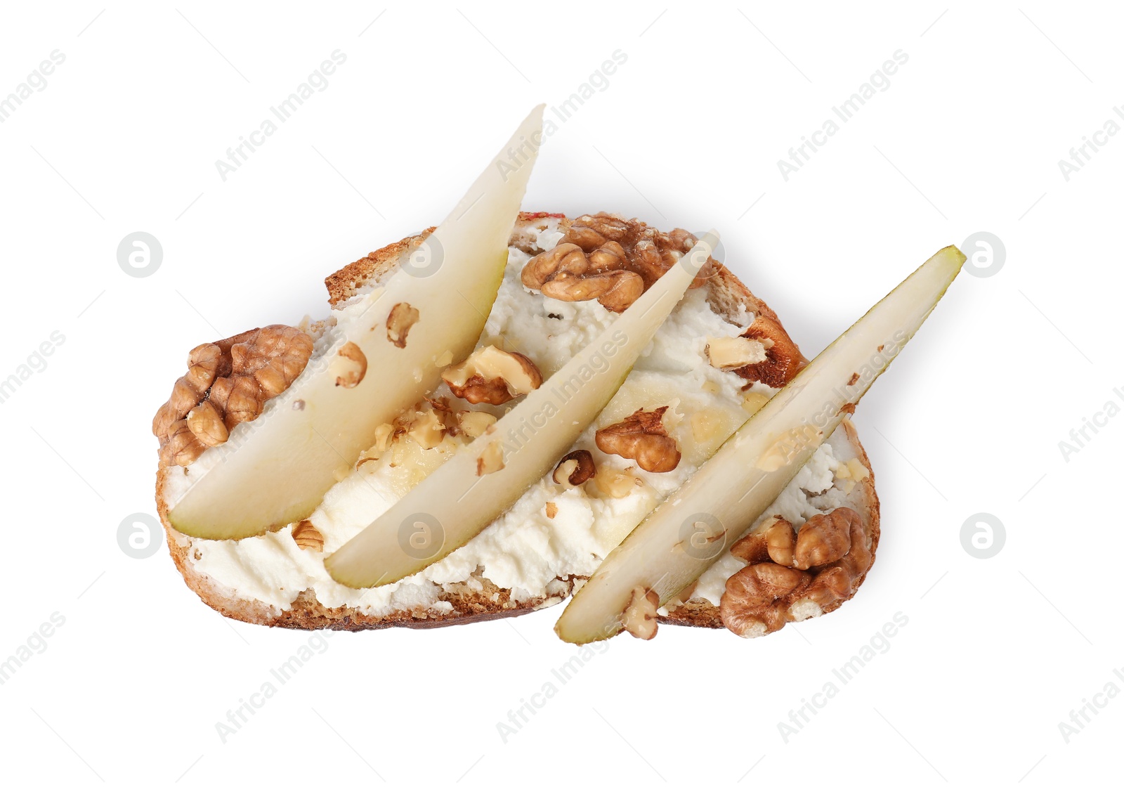 Photo of Delicious ricotta bruschetta with pear and walnut isolated on white, top view