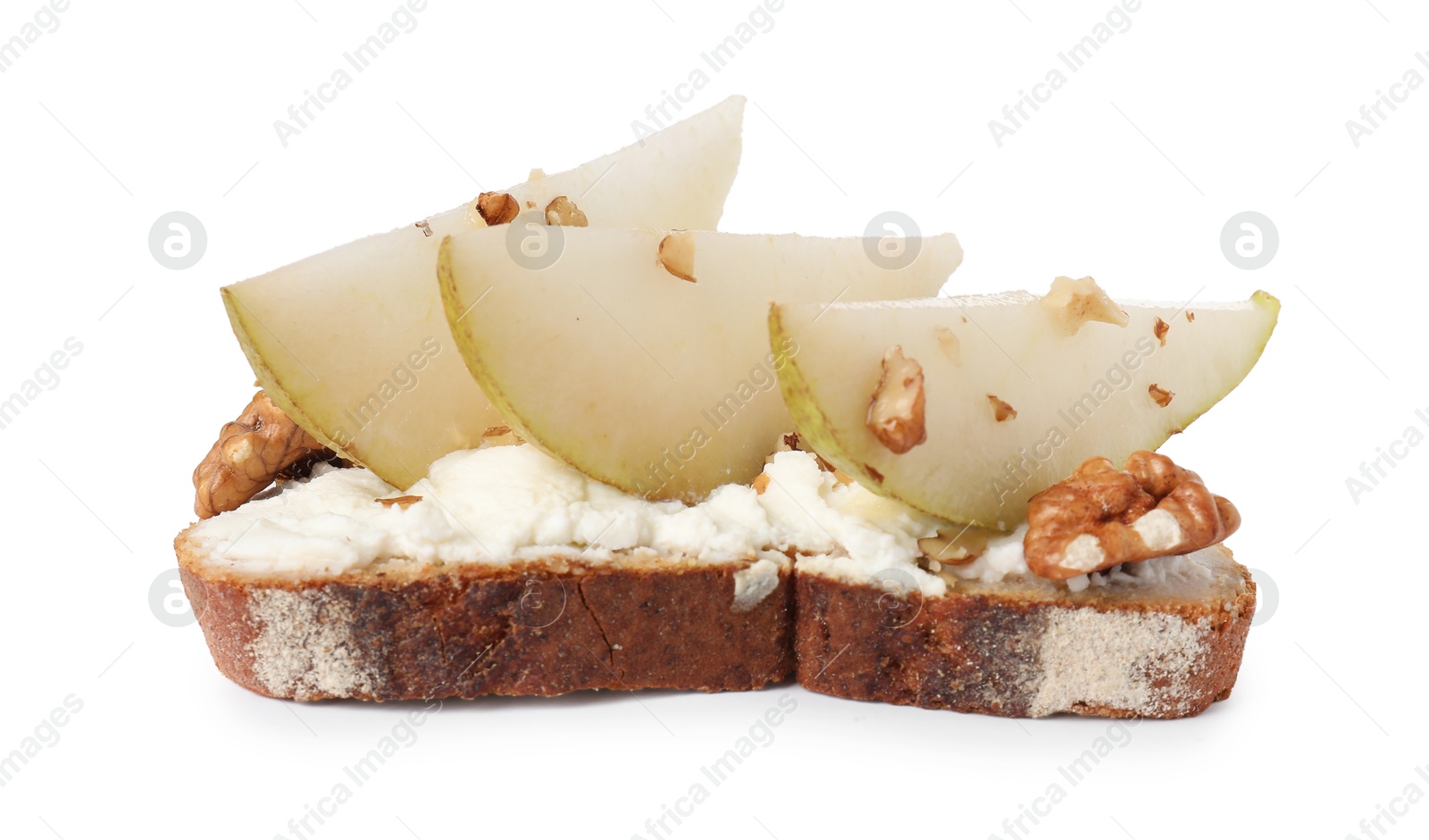 Photo of Delicious ricotta bruschetta with pear and walnut isolated on white