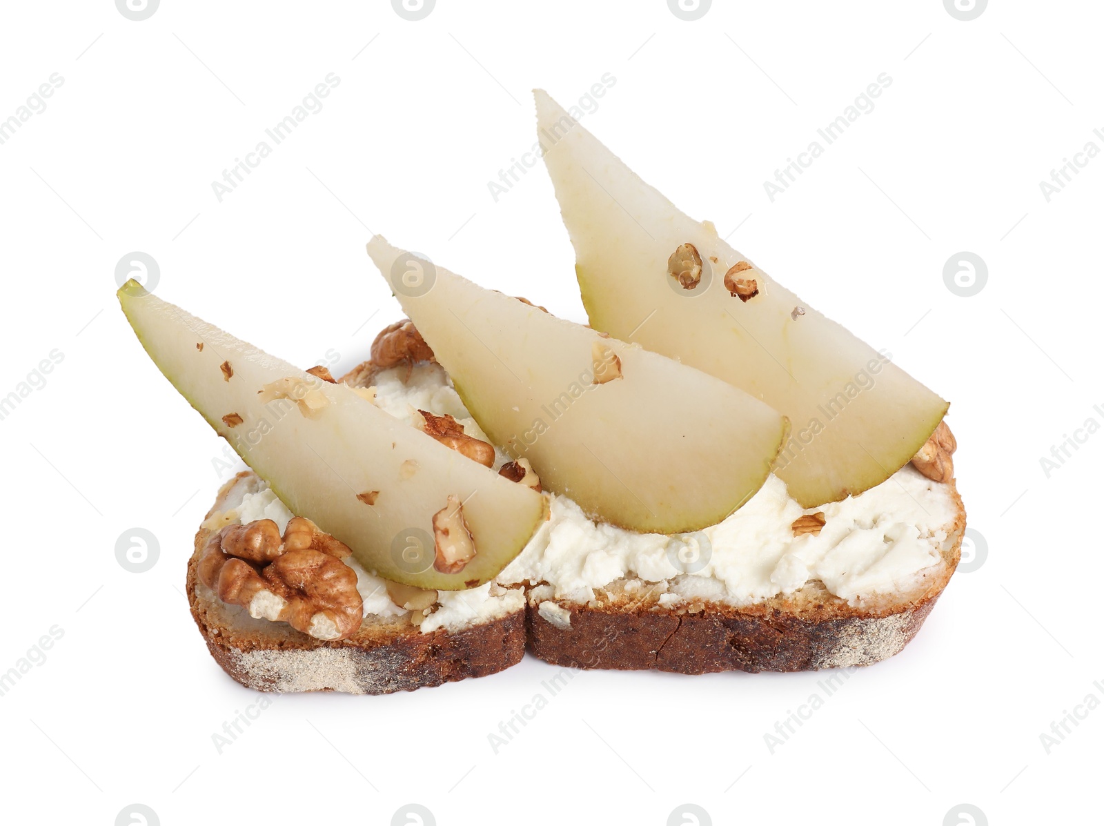 Photo of Delicious ricotta bruschetta with pear and walnut isolated on white