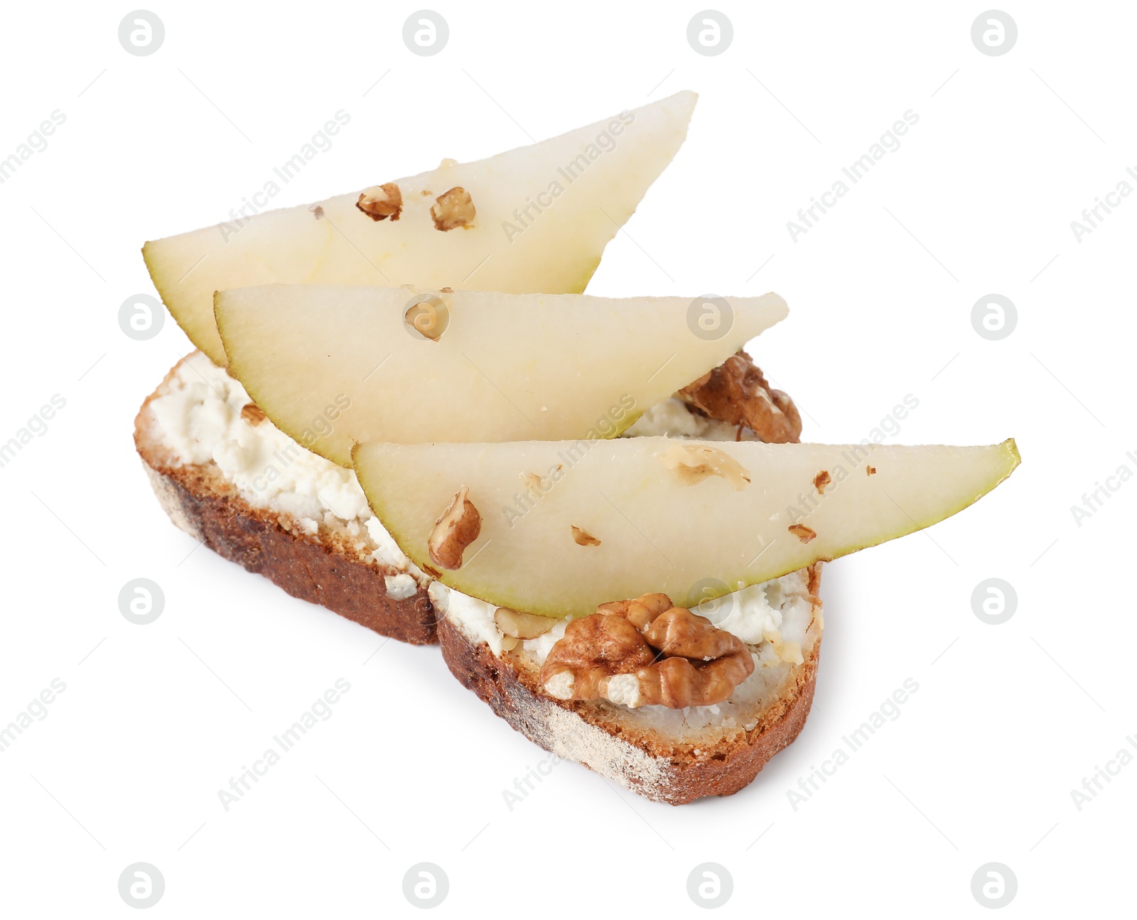 Photo of Delicious ricotta bruschetta with pear and walnut isolated on white