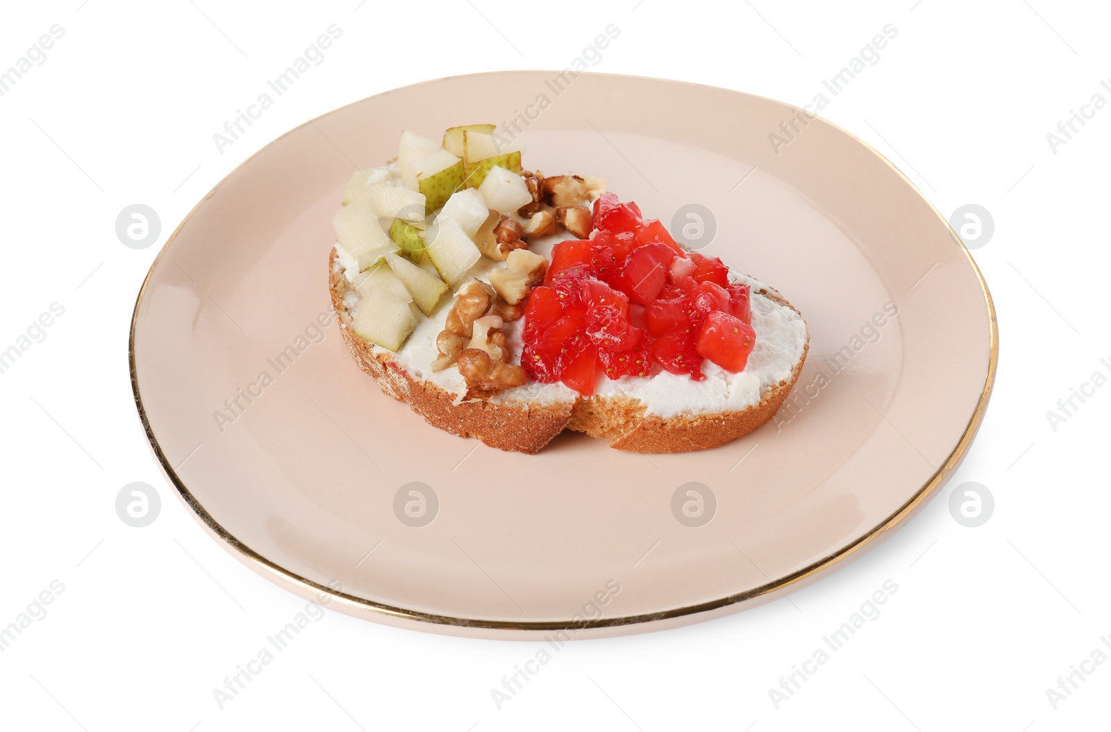 Photo of Delicious ricotta bruschetta with pear, strawberry and walnut isolated on white