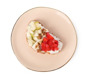 Photo of Delicious ricotta bruschetta with pear, strawberry and walnut isolated on white, top view