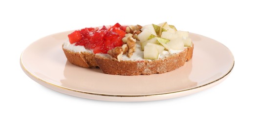 Photo of Delicious ricotta bruschetta with pear, strawberry and walnut isolated on white