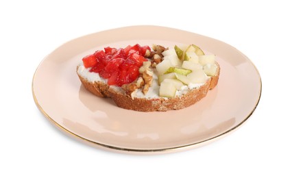 Photo of Delicious ricotta bruschetta with pear, strawberry and walnut isolated on white