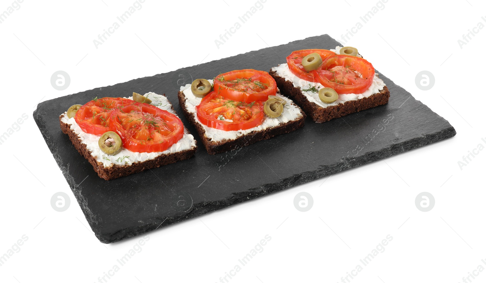 Photo of Delicious ricotta bruschettas with sliced tomatoes, olives and greens isolated on white